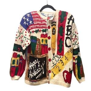 Vintage Eagle's Eye Handknit Teacher Christmas Holiday Sweater Cardigan L
